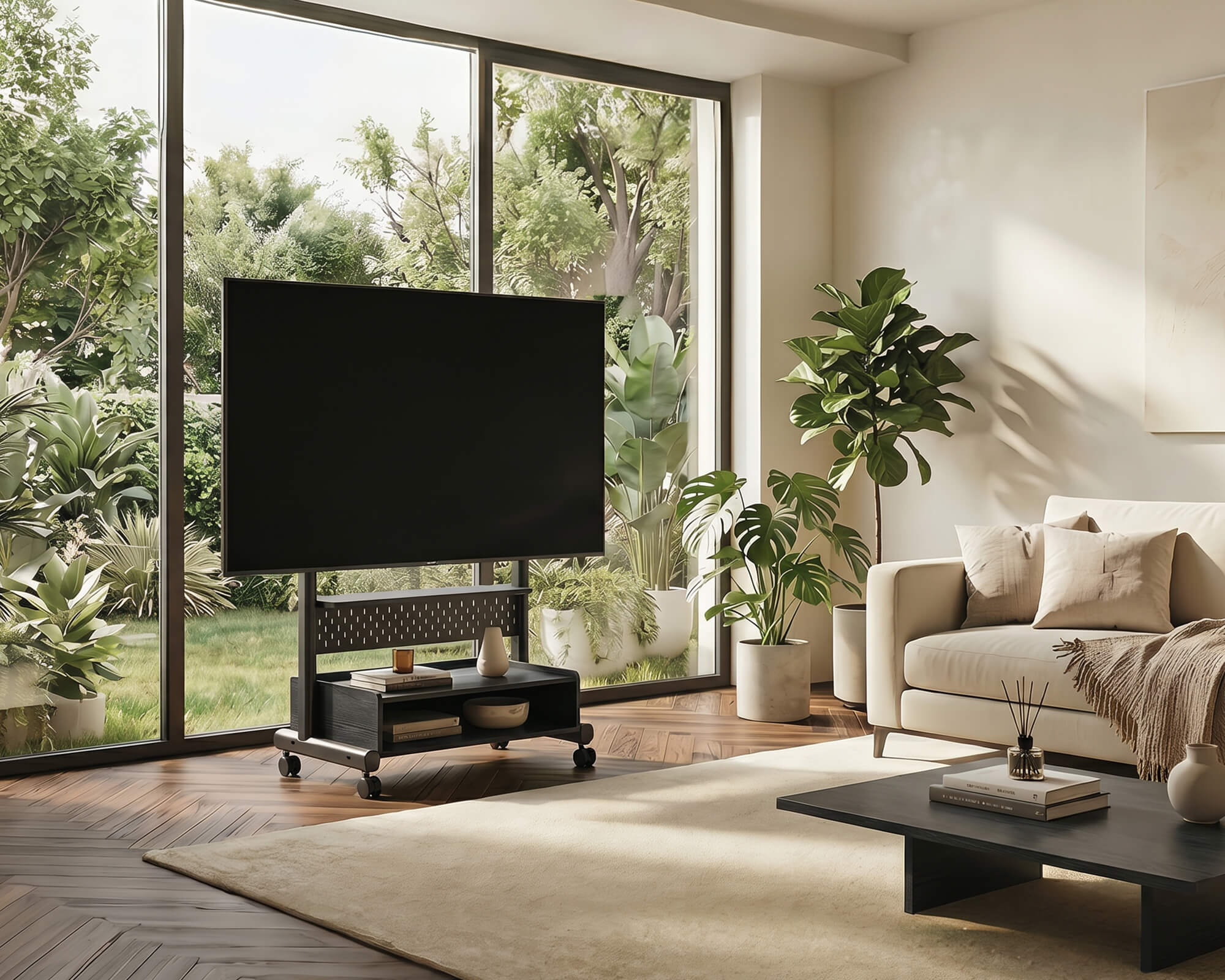 FITUEYES TV Ständer mit Rollen für den flexiblen Einsatz im Heimkino.