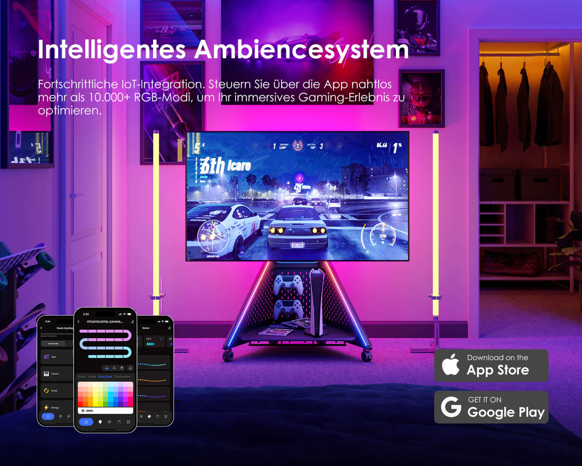 TV Ständer mit APP-gesteuerter RGB-Beleuchtung, schafft immersive Gaming-Atmosphäre für TV 32–65 Zoll