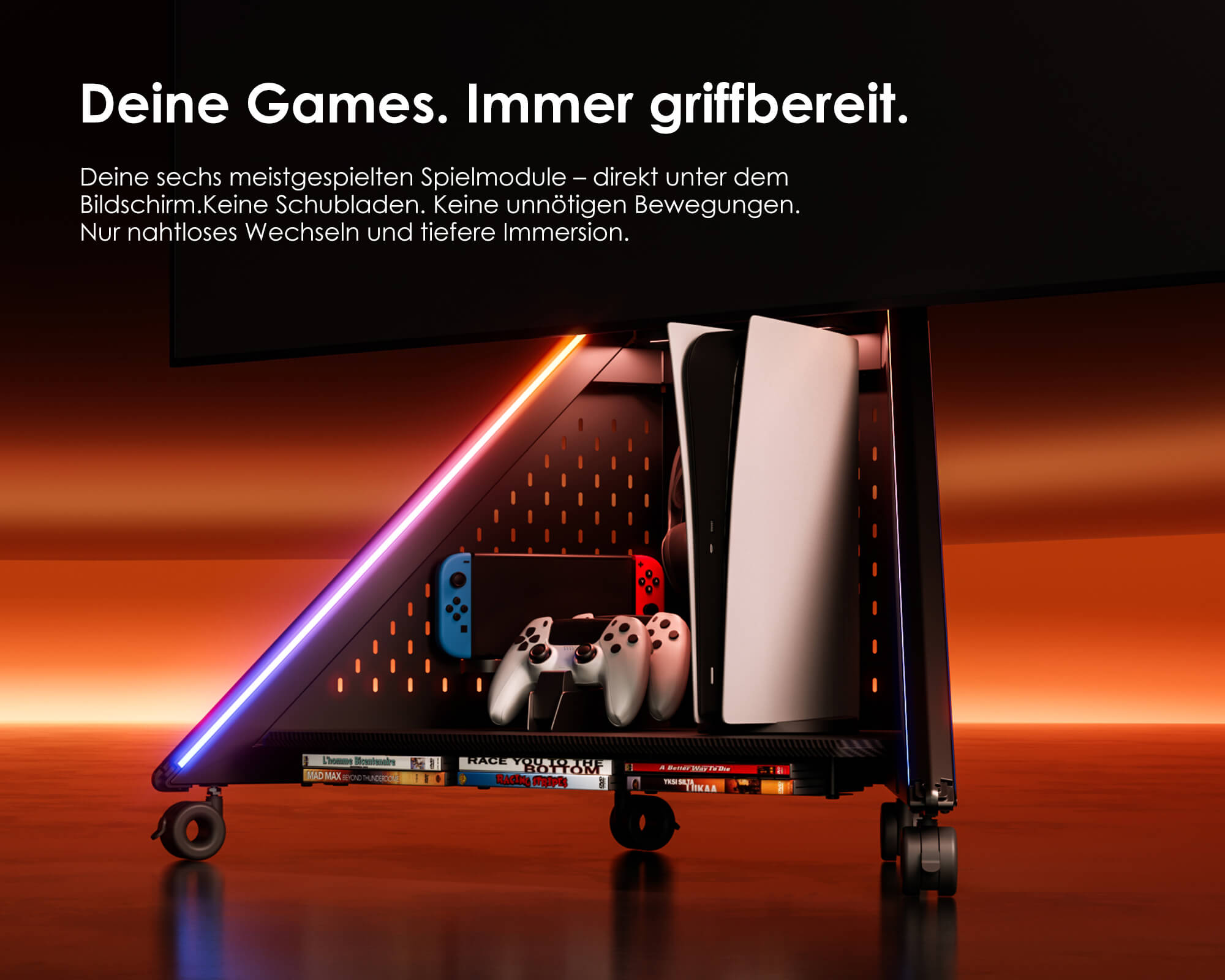 TV Ständer mit Rollen und Kassettenaufbewahrung im Sockel, erweiterbarer Aufbau