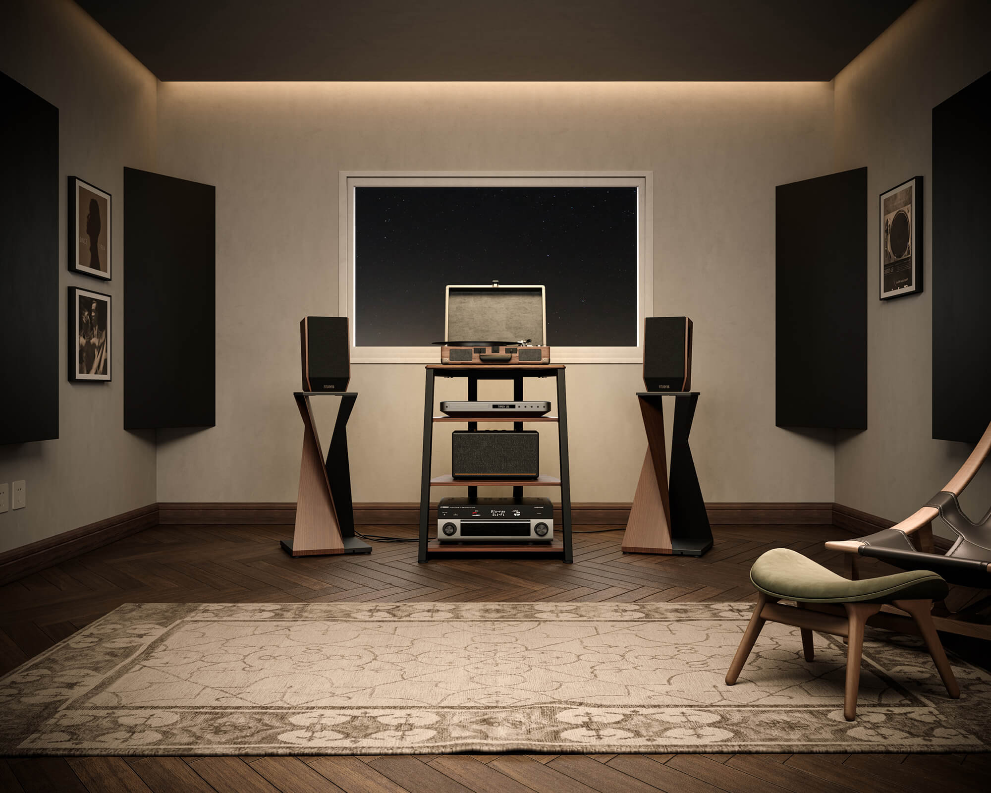 Meerdere verdiepingen tellend HiFi-rek in de luisterruimte met versterker, cd-speler en platenspeler.