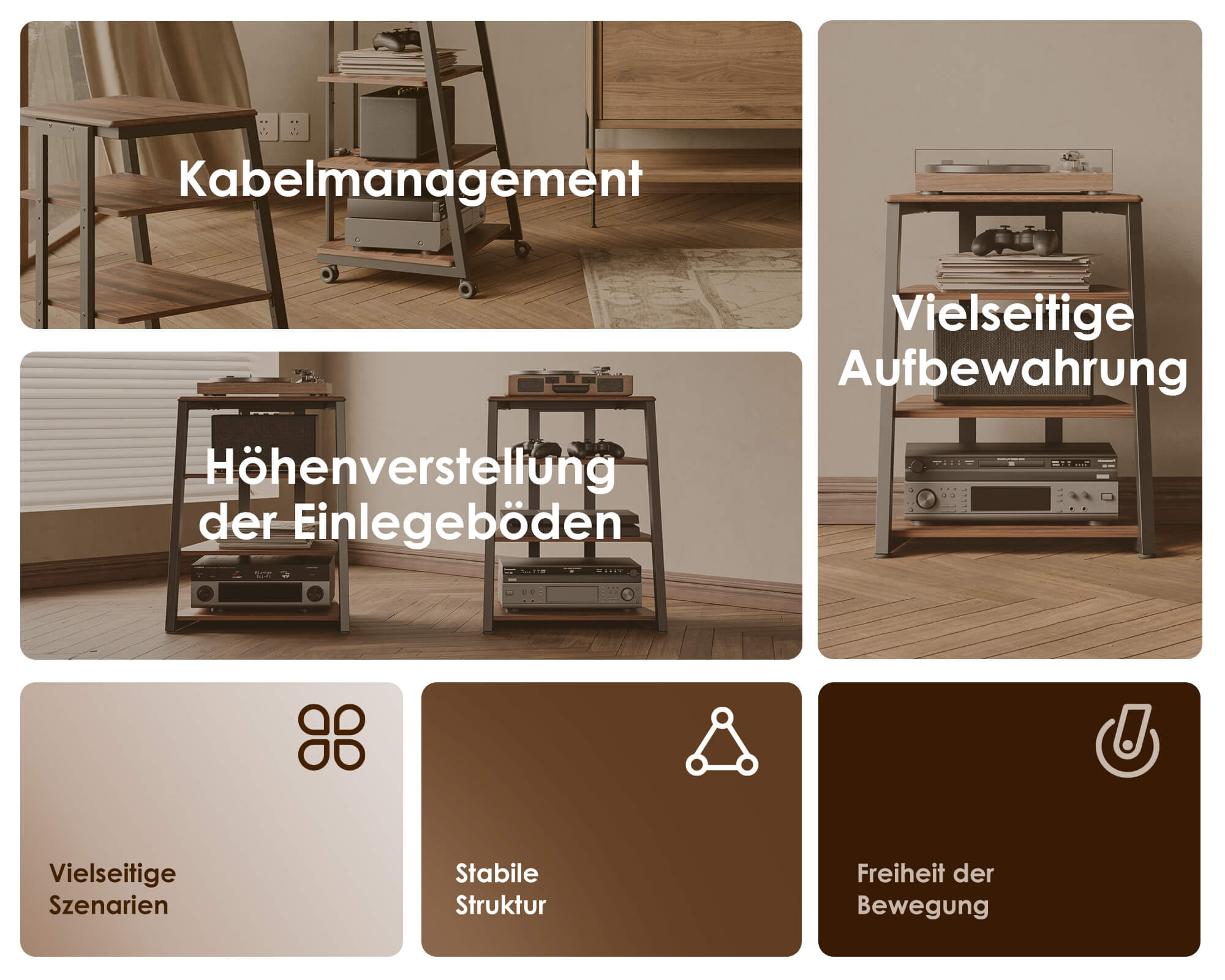 Mehrstöckiges HiFi Audio Rack mit Kabelmanagement, höhenverstellbaren Einlegeböden, großzügigem Stauraum und Rollen für flexible Nutzung.