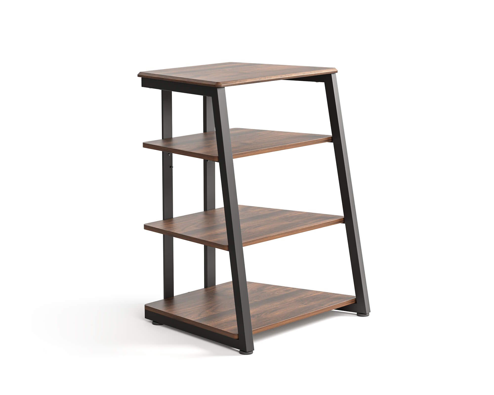 Meerdere verdiepingen HiFi-apparatenrek met open legplanken voor versterkers, platenspelers en audio-accessoires.