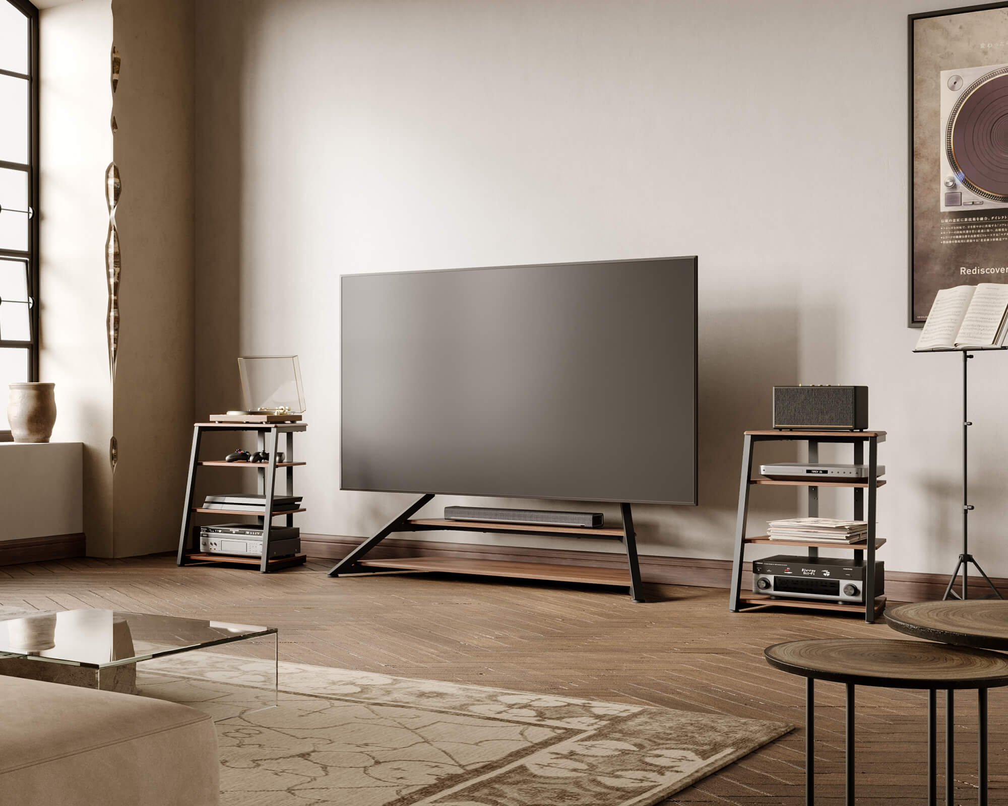 HiFi-rek in de woonkamer met platenspeler, versterker en luidsprekers, harmonieus geïntegreerd in een moderne woonomgeving.