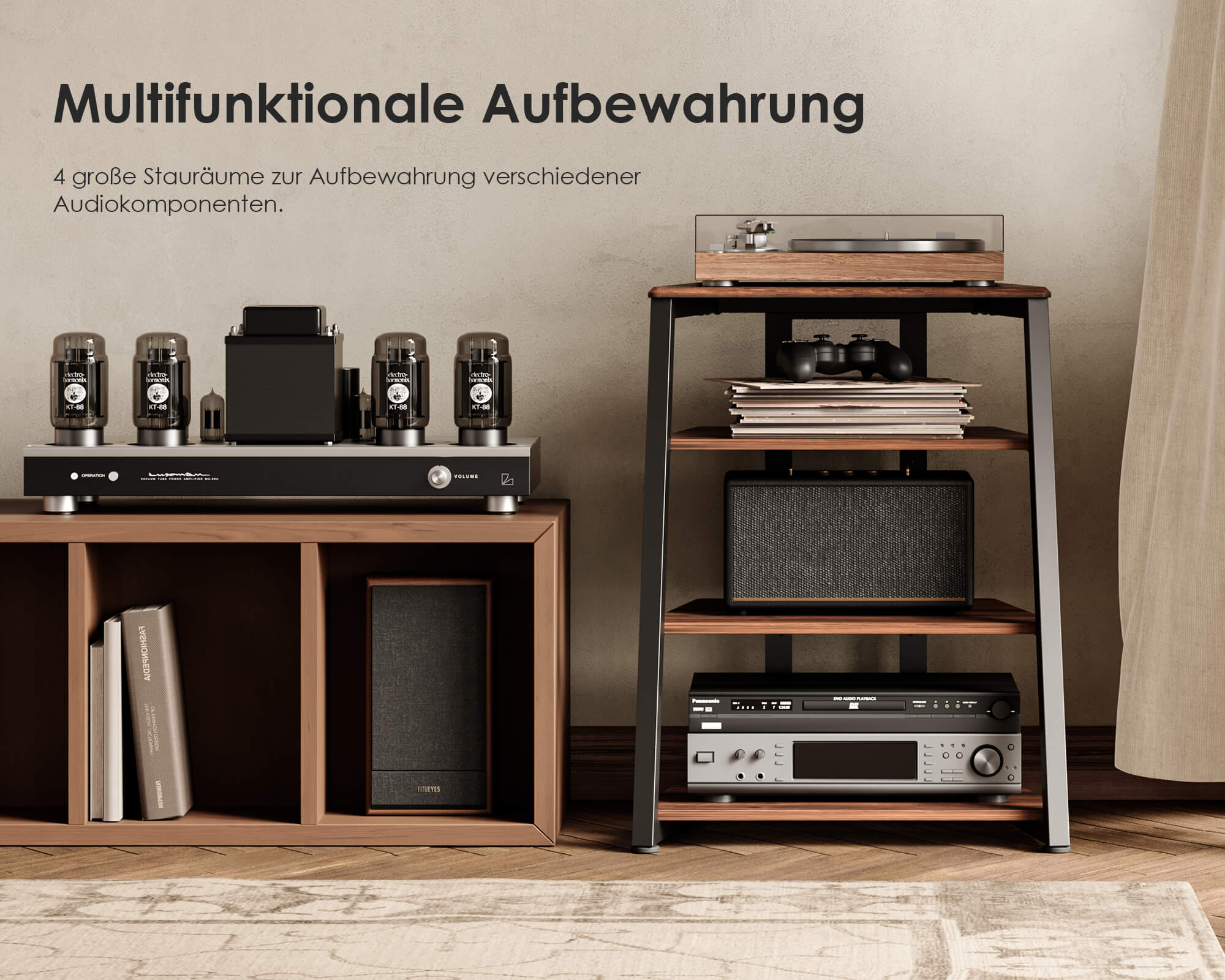 Mehrstöckiges HiFi Rack mit vier Ebenen zur übersichtlichen Aufbewahrung verschiedener Audiokomponenten.