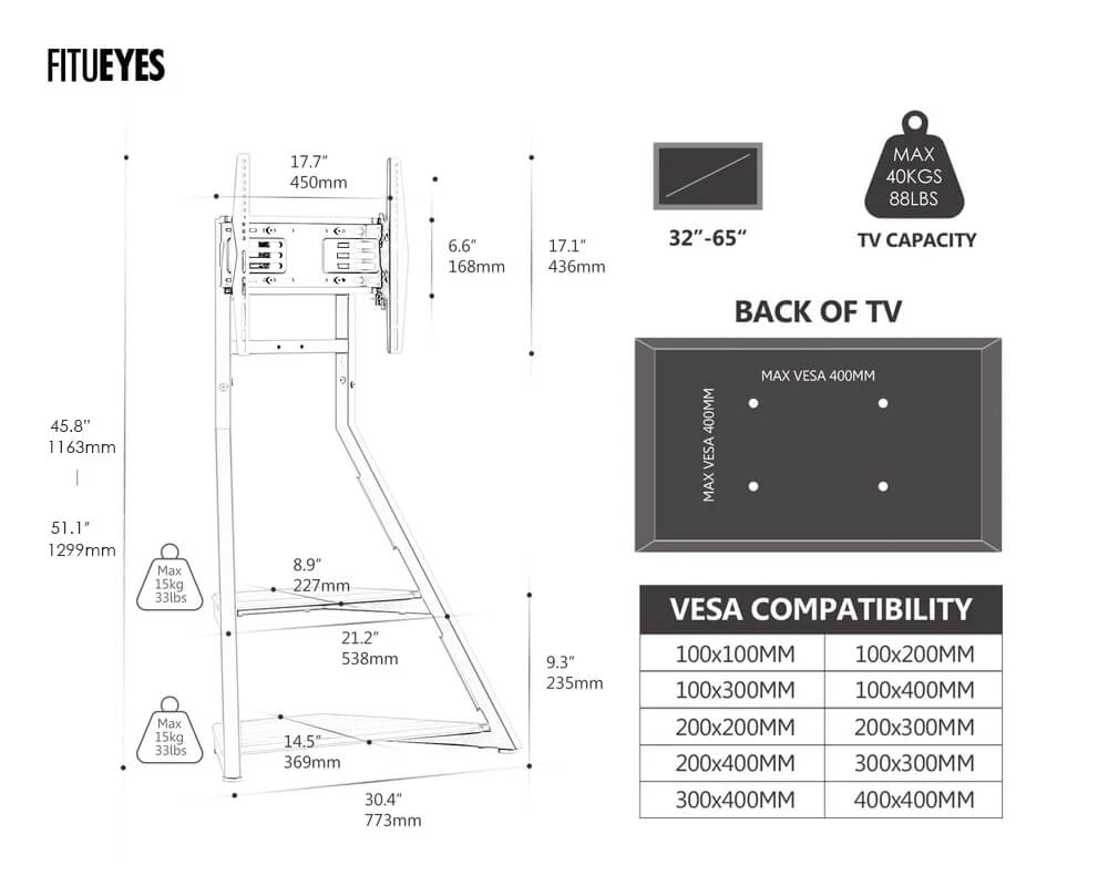 Eiffel FT65 Floor TV Stand with Wheels