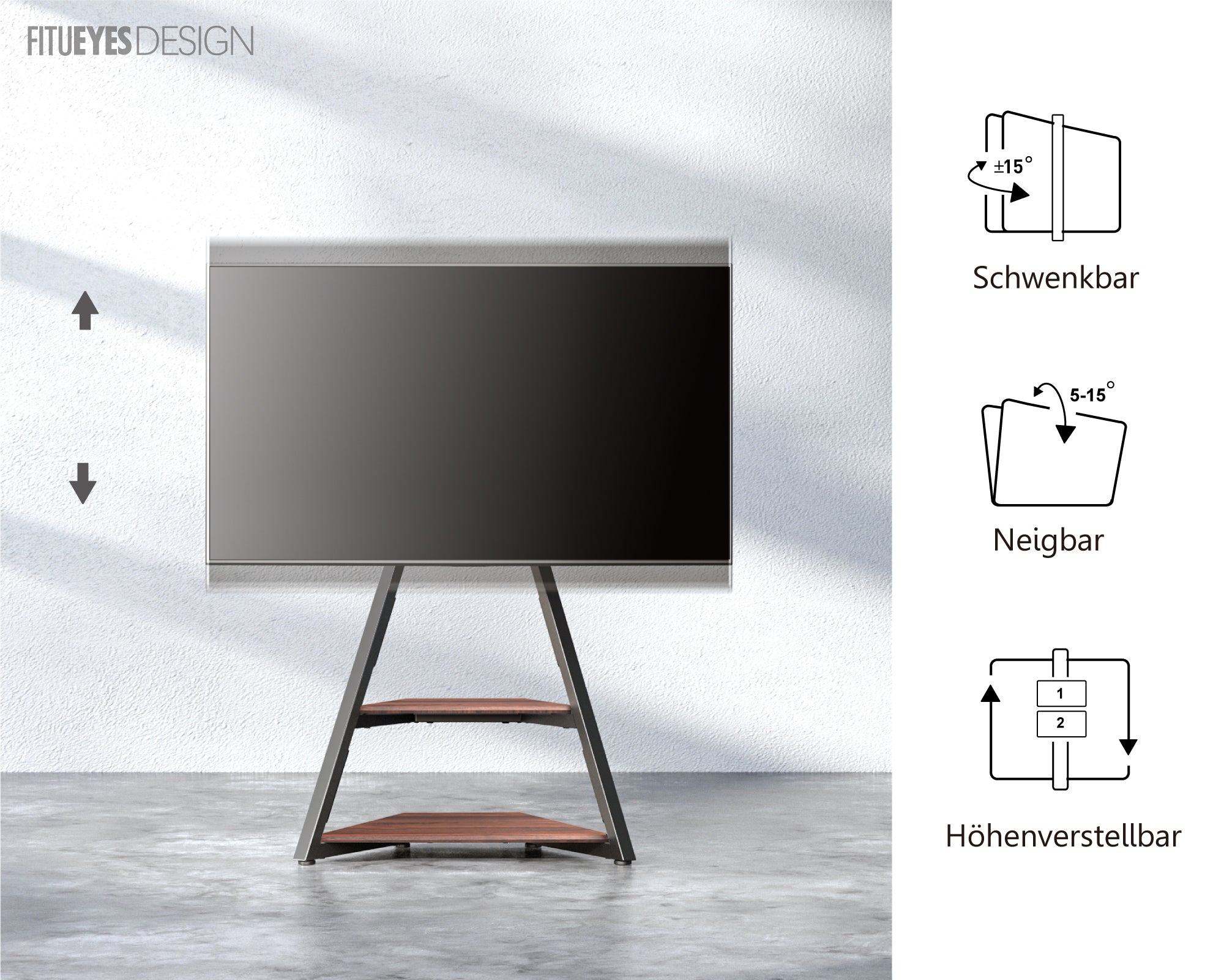 Eiffel FT65 TV-Ständer mit Höhenverstellung, Bildschirmdrehung und Bildschirmneigung in Nussbaumfarbe
