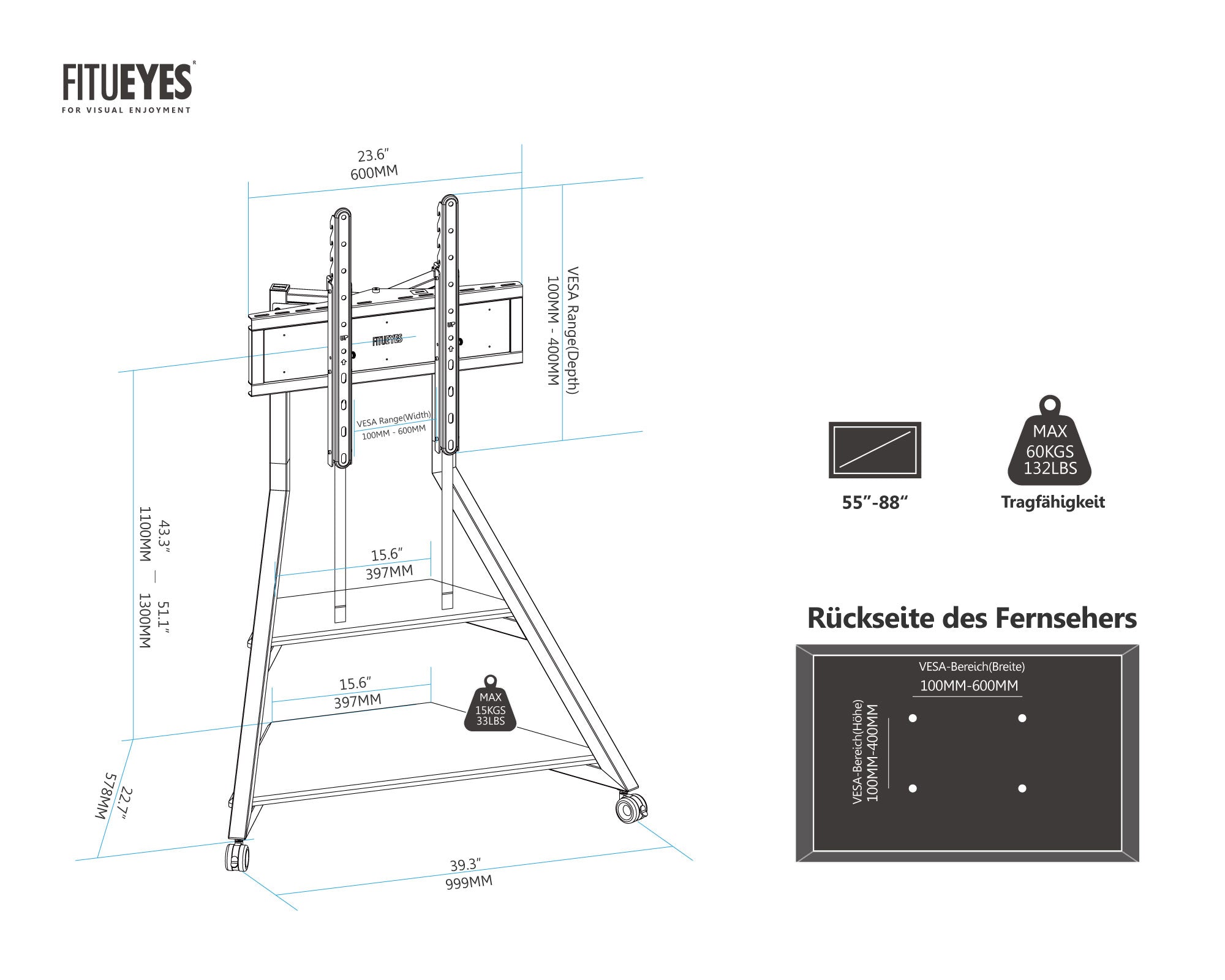Dimension drawing for TV stand with casters