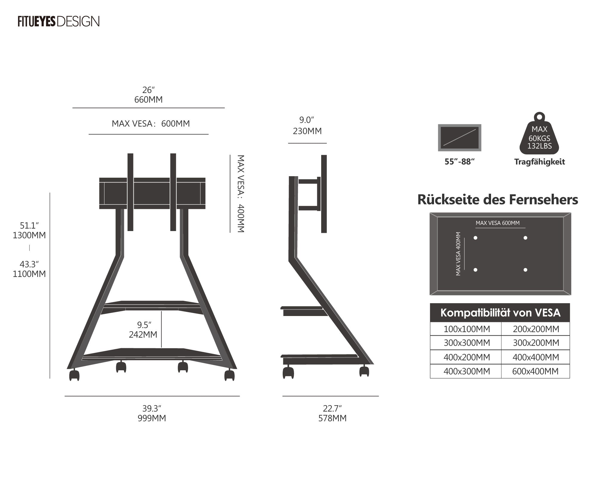 Dimension drawing for TV stand with casters