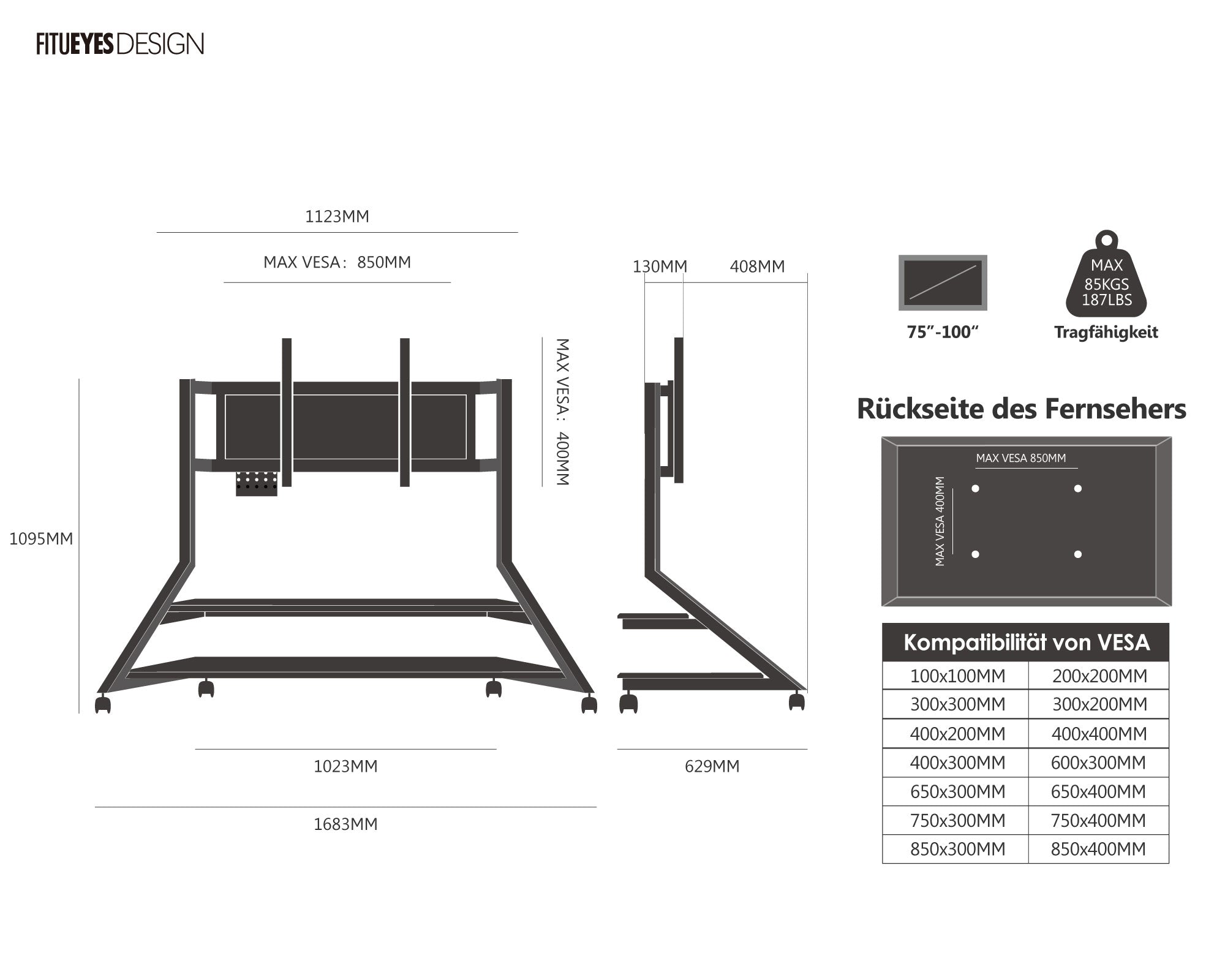 Floor TV stand on wheels VESA diagram
