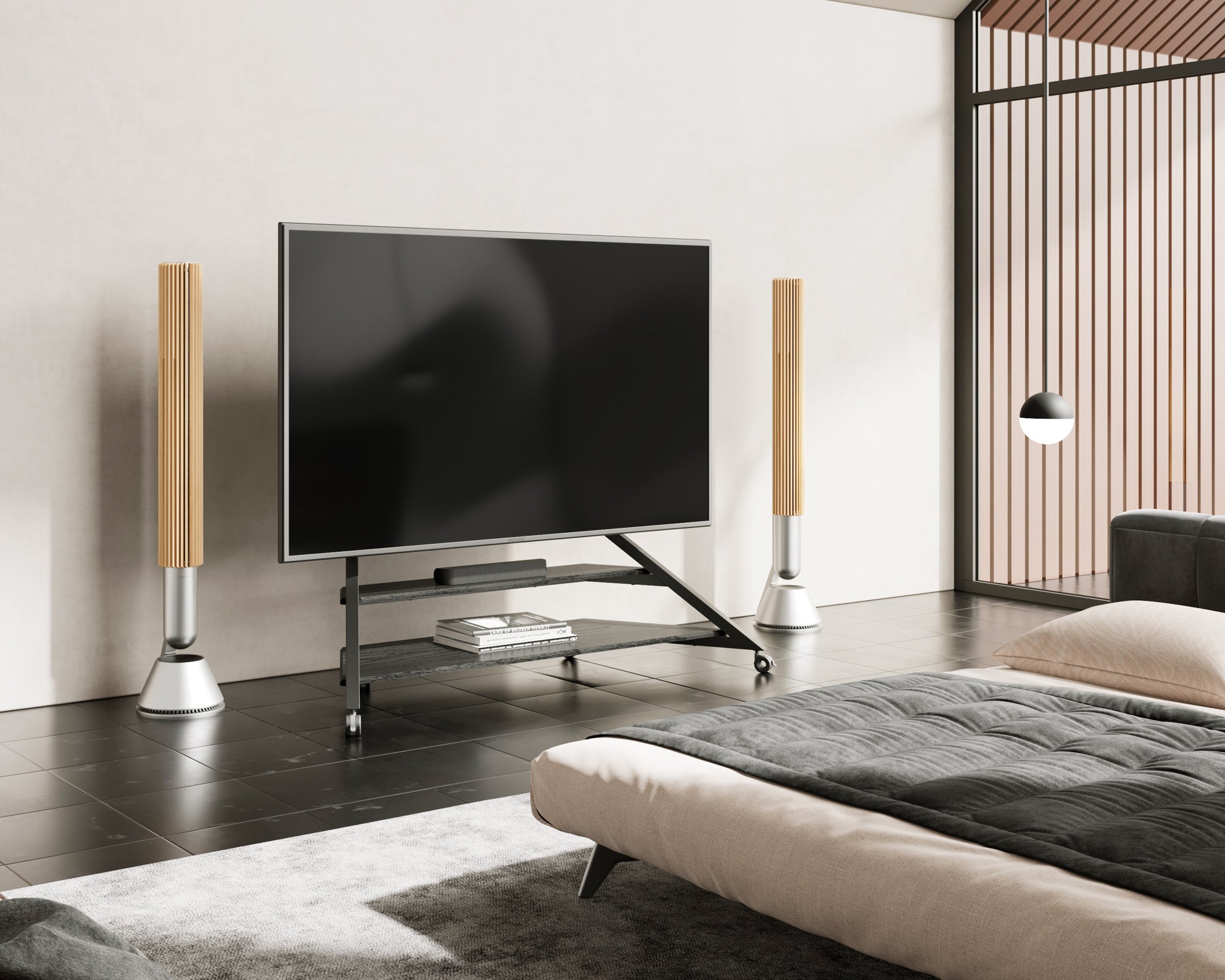 Large TV stand with wheels in a modern bedroom or living area