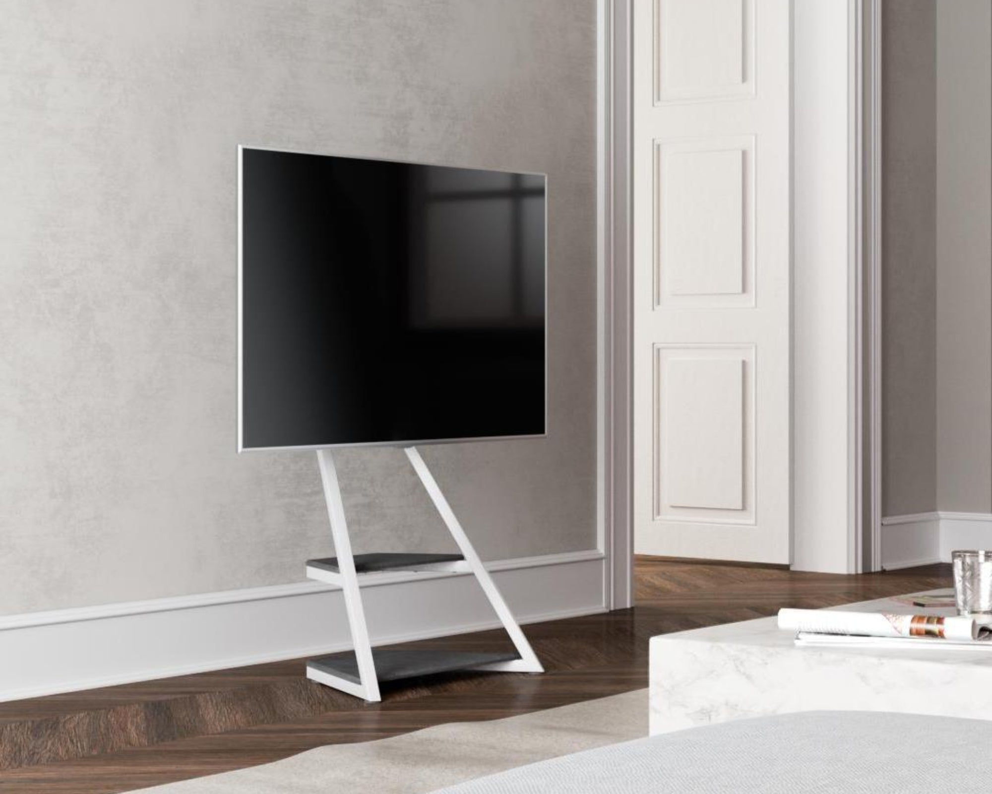 Weißer TV-Standfuß für den Boden