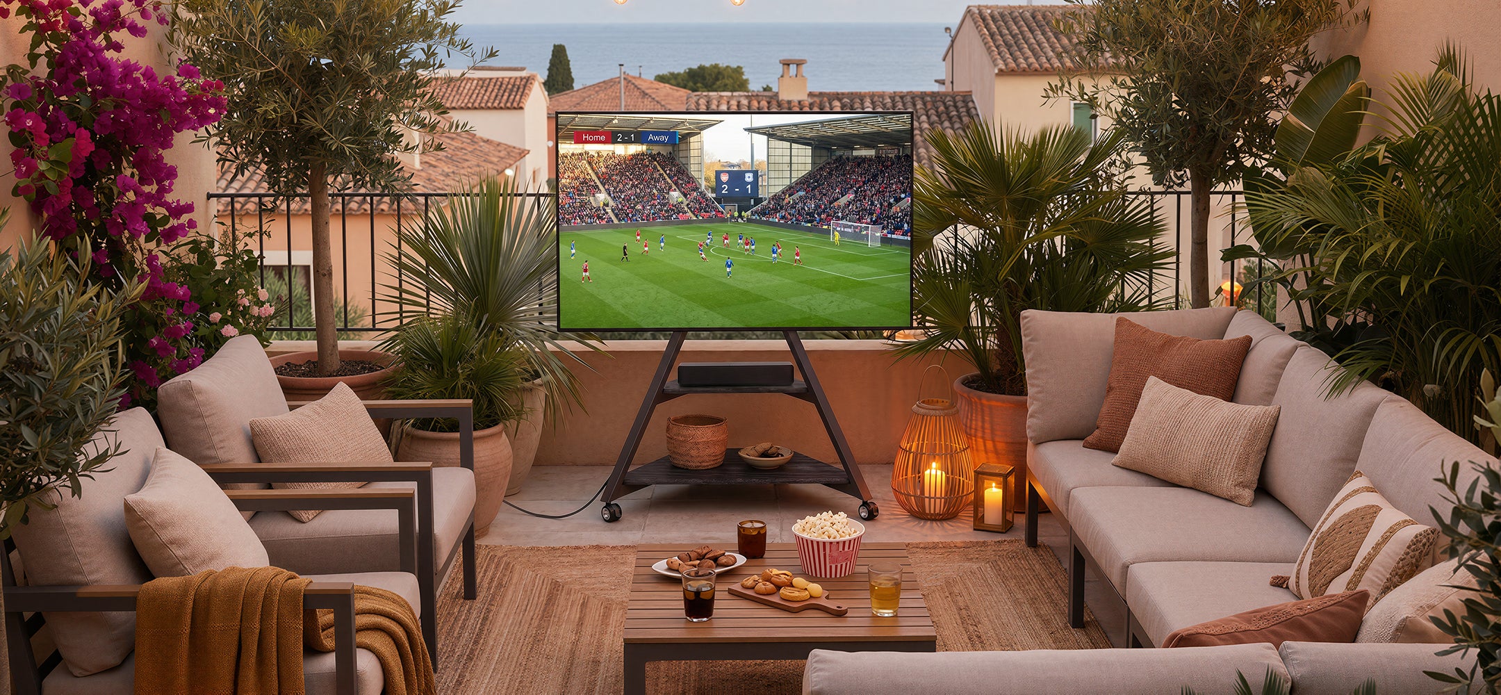 FITUEYES TV Ständer Eiffel Series mit Rollen und Kablemanagement auf der Terrasse
