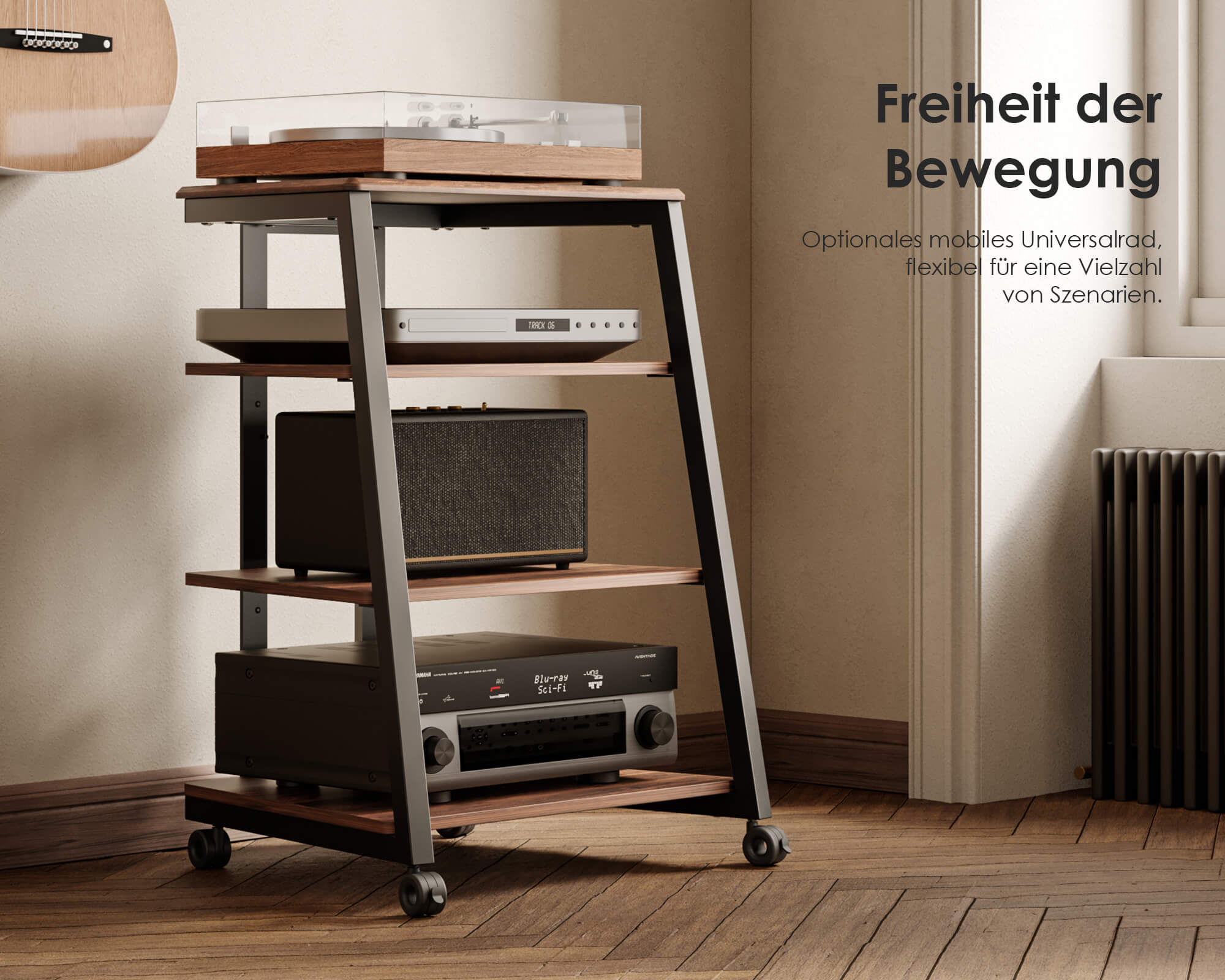 HiFi Audio Rack mit Rollen für flexibles und leichtes Verschieben im Wohn- oder Musikraum.