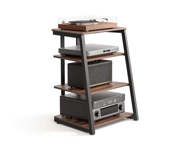 Freistehendes HiFi Rack aus Metall und Holz mit mehreren Ablageflächen, freigestellt auf weißem Hintergrund.