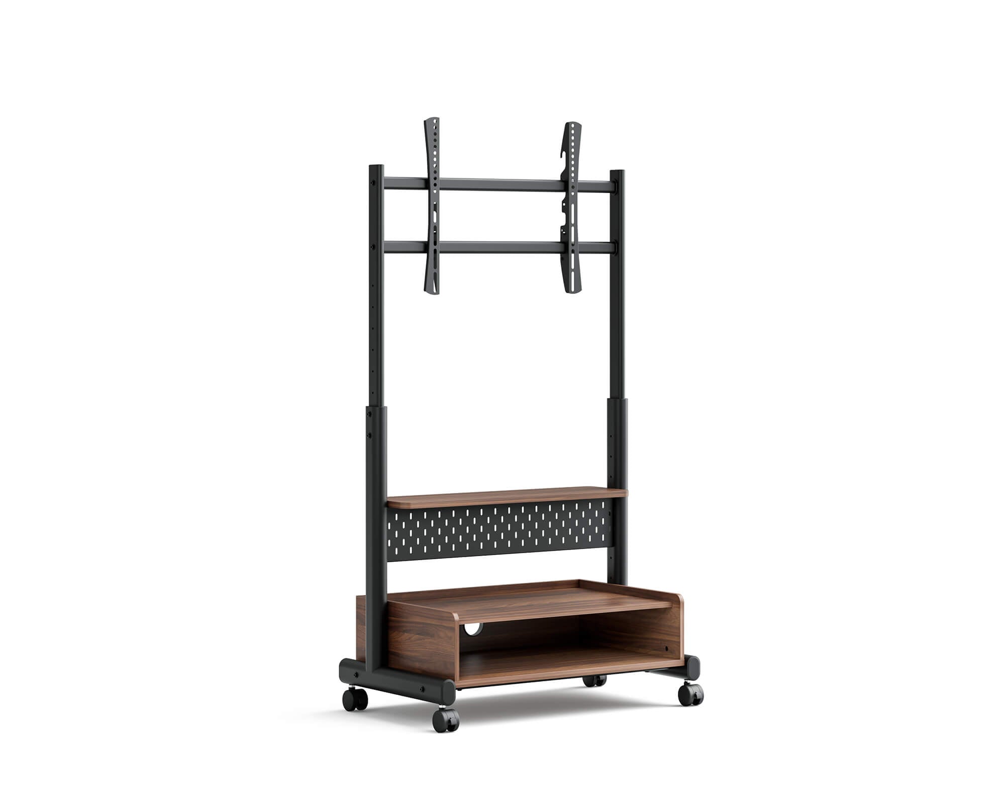 Mobiler TV Standfuß auf Rollen, mit Stauraum und Lochwand für Zubehör