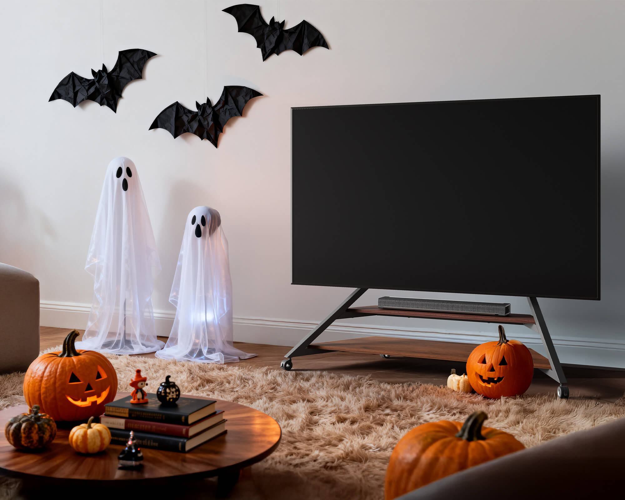 TV Standfuß mit Rollen und Halloween-Dekorationen