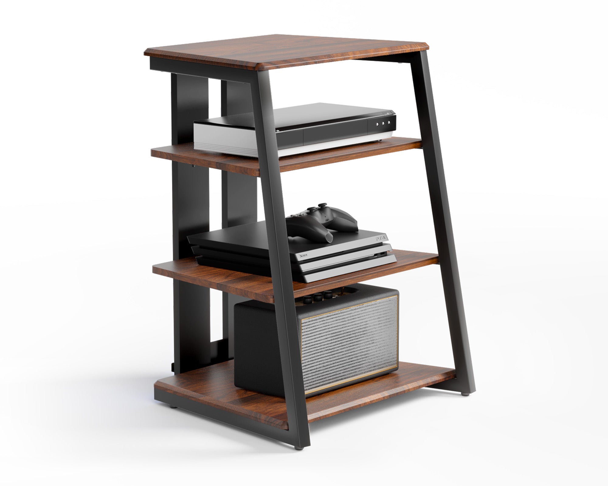 Audio Rack mit vier Ablagen in Nussbaumfarbe