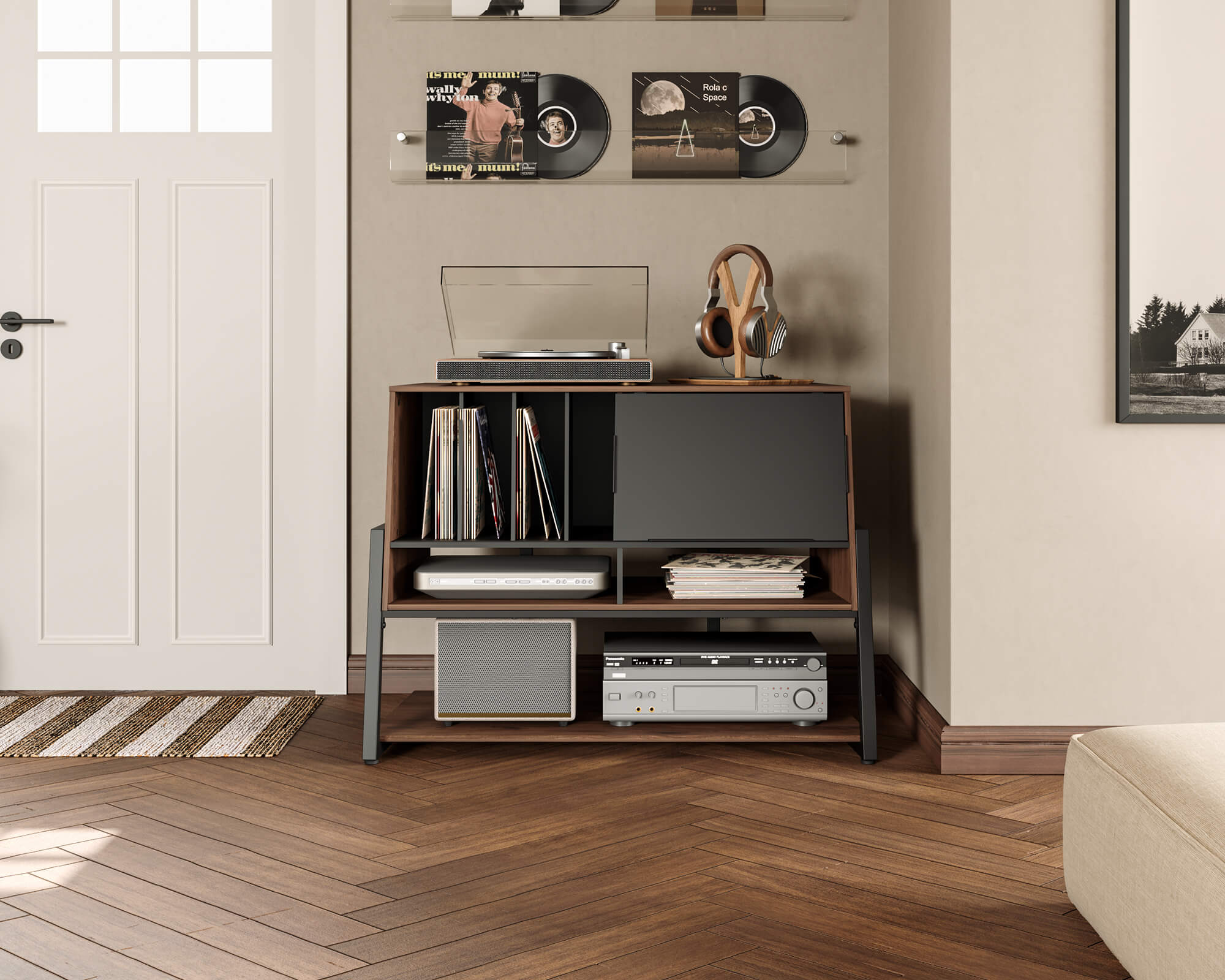 Walnuss Plattenspieler Tisch kann bis zu 120 Schallplatten aufnehmen