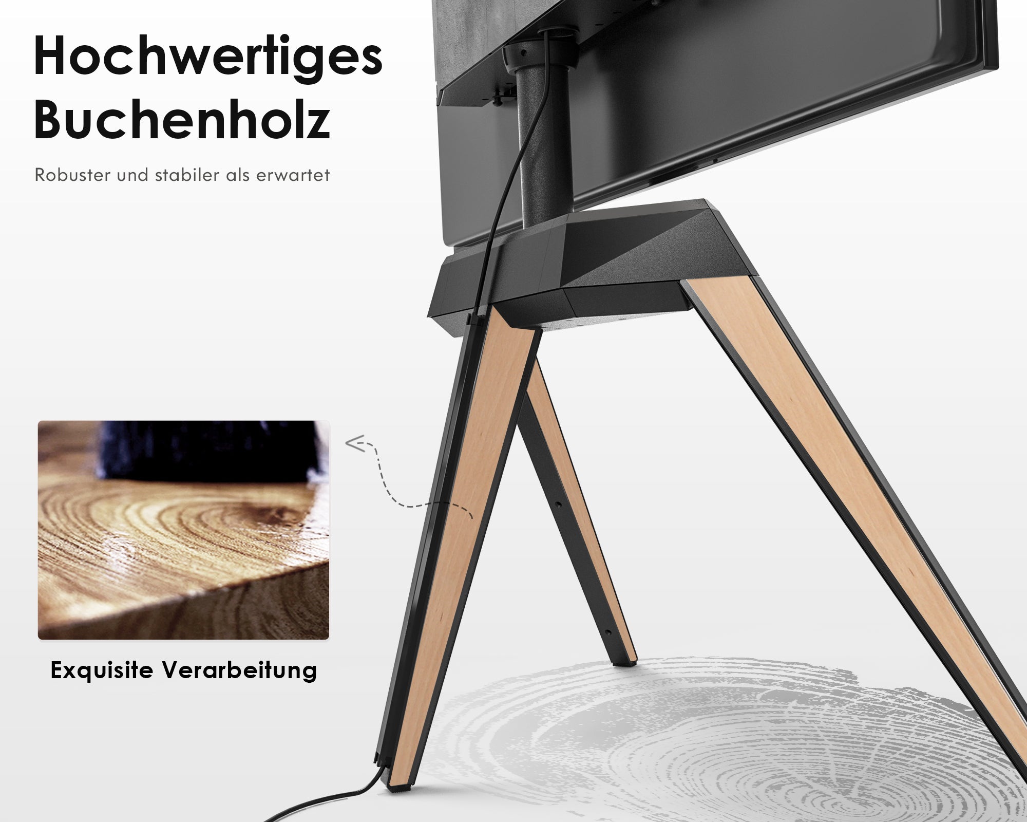 Buchenholzbeine und Aluminiumrahmen des Picasso FT78 TV-Ständer