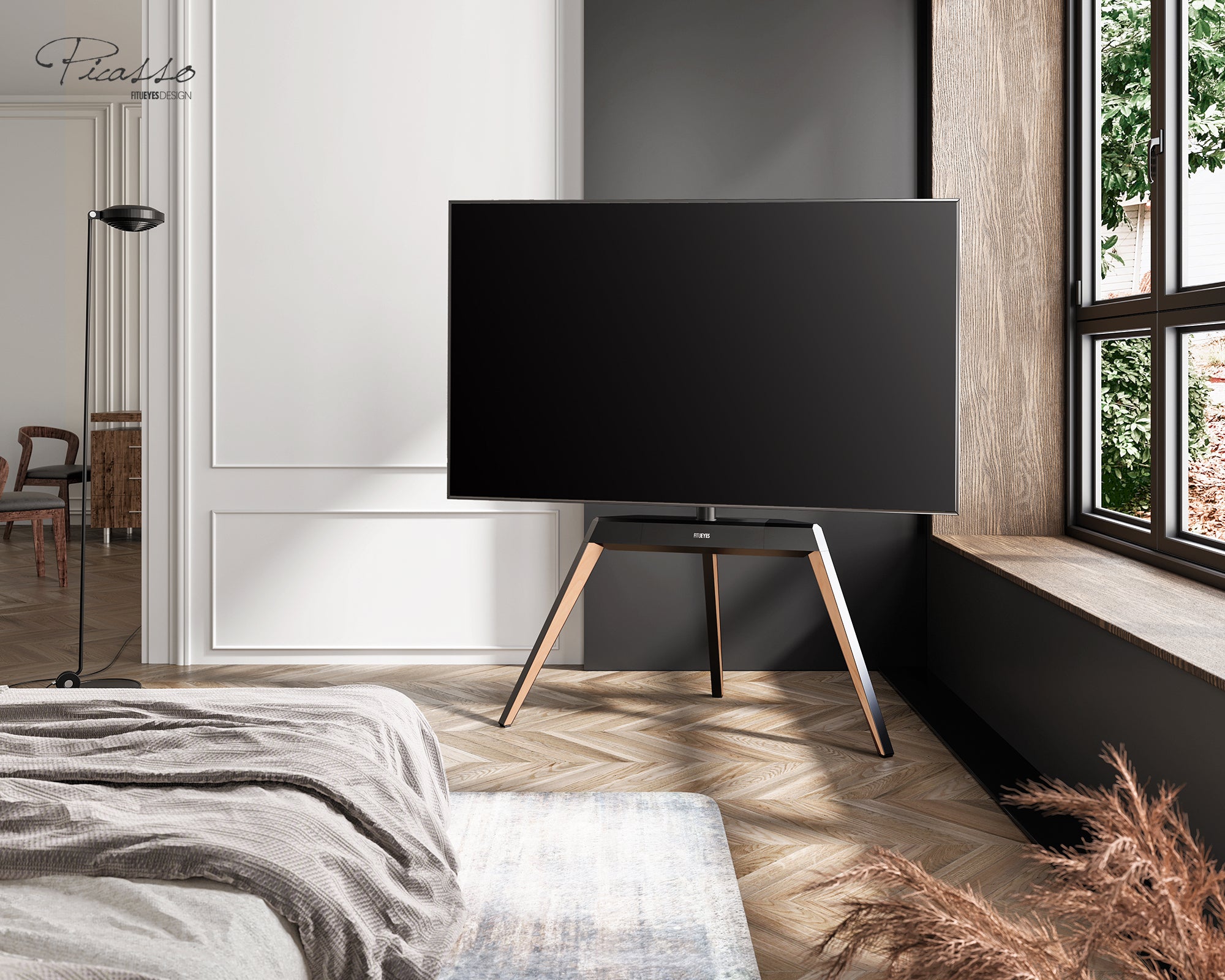 Moderner Holz-TV-Ständer aus massiver Buche in der Zimmerecke