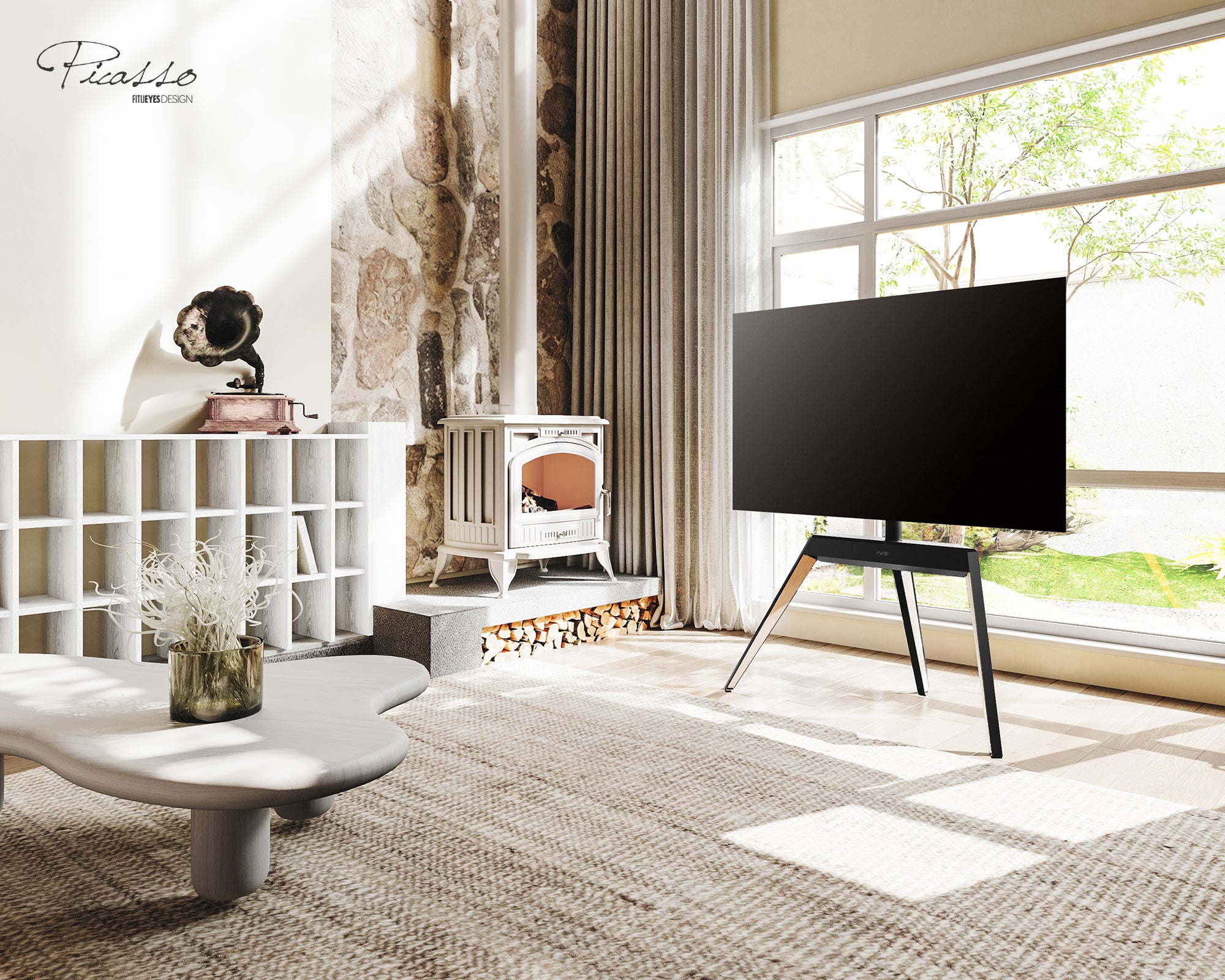 TV-Ständer im modernen Wohnzimmer – ideal platziert neben Fenster oder Kamin