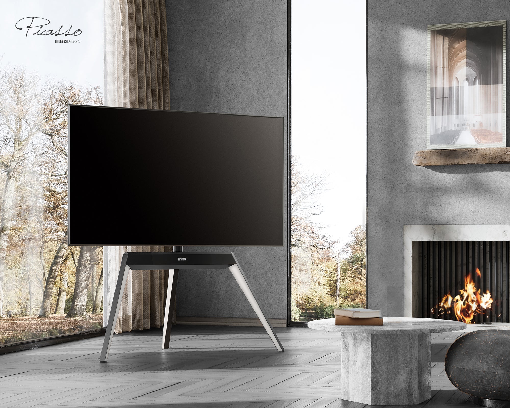 Weißer TV-Ständer in der Ecke des modernen Wohnzimmer